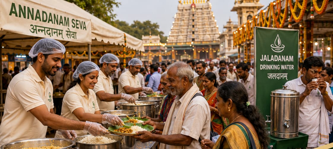 Volunteers serving Annadanam meals to devotees beside a Jaladanam drinking-water station at a temple festival.