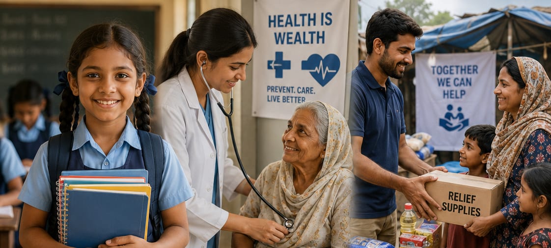 A schoolgirl with books, a doctor examining an elderly woman, and volunteers handing over relief supplies to a family.