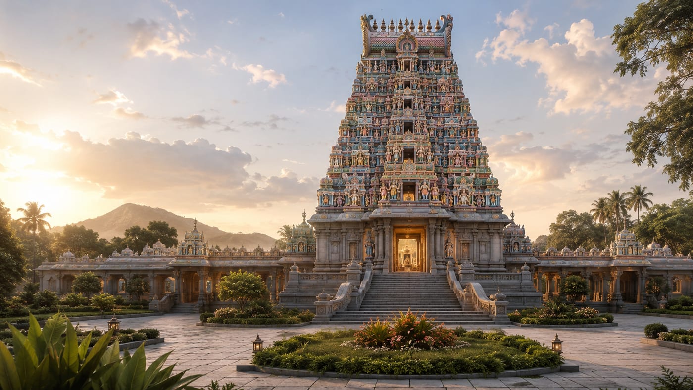 A grand South Indian temple with an ornately carved gopuram, landscaped gardens and a mountain backdrop at sunset.